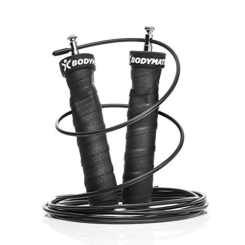 BODYMATE Premium Springseil mit Anti-Rutsch-Griffen inklusive 2 herausnehmbarer Gewichte und zwei verstellbarer Stahlseile mit extra Abnutzungsschutz für Crossfit Functional Core Boxen Sport Training