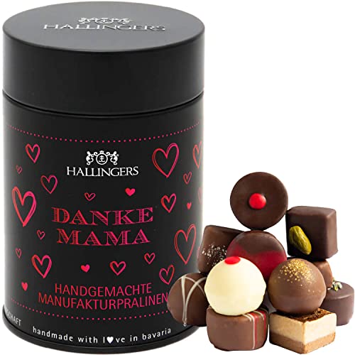 Hallingers Danke Mama 12 - Manufaktur Pralinen Geschenk handmade ohne Alkohol aus Edelkakao Schokolade (Dose) - Ostergeschenke Osterkörbchen Ostereier & als Osterdeko | Danke Jahrestag