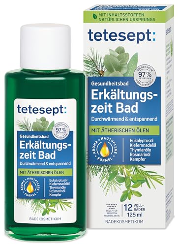 tetesept Erkältungszeit Bad – Gesundheitsbad für die kalte Jahreszeit mit 5 ätherischen Ölen – Wohltuender Badezusatz zur Entspannung von Körper und Geist – 1 x 125 ml