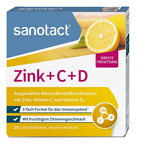 sanotact Zink+C+D • 20 Zink Lutschtabletten hochdosiert mit Vitamin C • Mit Zink Vitamin C & D3 Vitamine • Deckt Tagesbedarf an Vitamin D3
