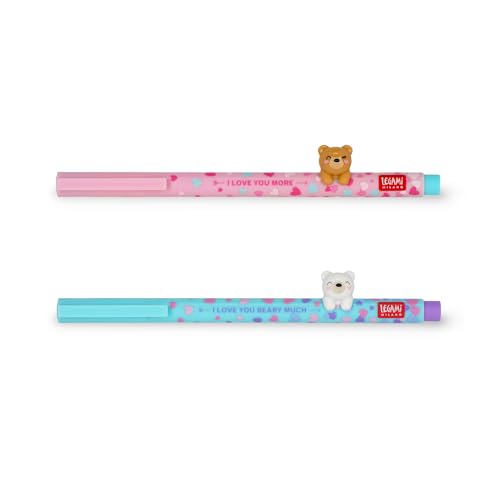 Legami - 2er Set Lovely Friends Gelschreiber, limitierte Auflage, abnehmbare und wiederverwendbare Dekotiere, rollt nicht, hellblaue und lila Tinte, feine Spitze 0,5 mm