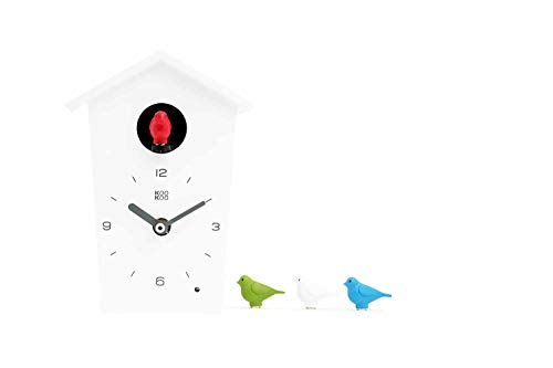 KOOKOO Birdhouse Mini Weiß, Design Kuckucksuhr mit 12 Vogelstimmen oder Kuckuck