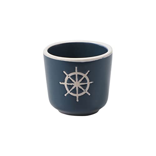 Seaside No.64 - Steingut Steinzeug - Eierbecher Geschirr - Maritim Anker Steuerrad Papierboot - Geschenkartikel - blau und weiß - Brunch Frühstück (Eierbecher Steuerrad, blau)