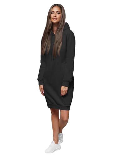 OZONEE Damen Hoodie Kapuzenpullover Lang Sweatjacke Sweatkleid Winterkleid Herbstkleid Kleid Sweatshirt Sweatshirtkleid Kapuzenjacke Kapuzenpulli Kapuze Langarm Sport 777/3127B/3 SCHWARZ XL