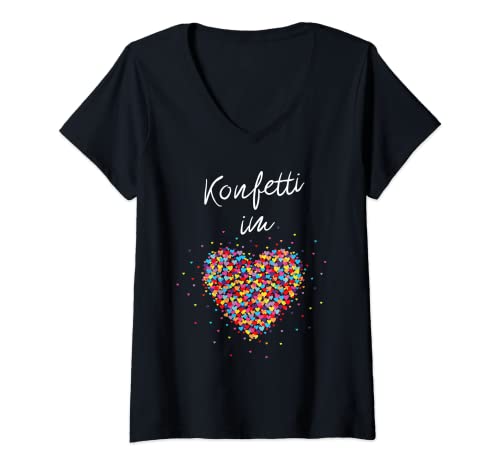 Damen Konfetti im Herzen Fasching Karneval Kostümersatz Geschenk T-Shirt mit V-Ausschnitt