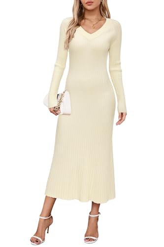 Arach&Cloz Strickkleid Damen V Ausschnitt Herbst Winterkleid Lang Pulloverkleid Bodycon Fishtail Maxi Kleid Elegant (Beige,M)