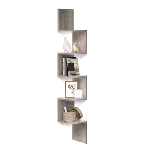 VASAGLE Eckregal, Wandregal 5 Ebenen, Schweberegal für Bücher, Bücherregal, Pflanzenregal für Schlafzimmer, Wohnzimmer, Badezimmer, Homeoffice, greige meliert