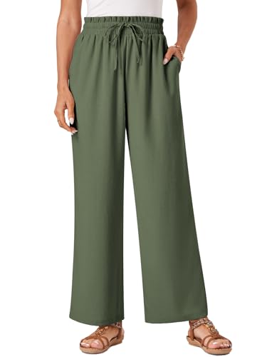 Glacspyg Damen Hosen Casual Flowy Wide Leg Freizeithose High Waisted Kordelzug Palazzo Hosen mit Taschen Graugrün 2XL