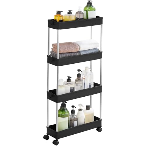 SONGMICS Rollwagen, Küchenwagen mit 4 Ebenen, Küchenregal, Nischenregal, mit 6 Haken, 360° drehbare Räder, Stahlgestell, Bad, Küche, Büro, schwarz KSC008B01