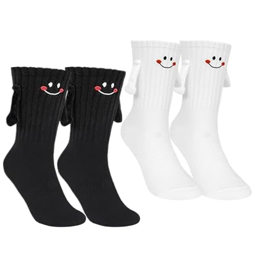 Vxcvzv Smiley Socken Pärchen Händchen haltend Lustige Geschenke für Frauen und Partner Baumwolle Unisex (2, Weiß+Schwarz)