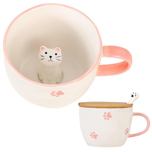BigNoseDeer Süße Sachen Keramik Katze Kaffeetasse Teetasse Deckel Löffel Lustige Tassen Geschenke für Frauen Kaffeebecher 3D Tasse Personalisiert Cappuccino Tasse Beste Freundin Weihnachten Geschenk