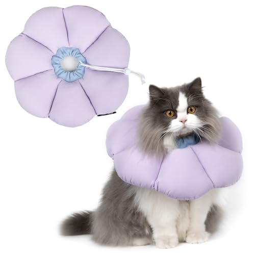 THKOFPET Halskrause Katze, Einstellbarer Katzenkegel, Weiches Blumen Katzenhalsband Kragen Cone für Katzen und kleine Hunde nach Operation und Verletzungen (violett, L)