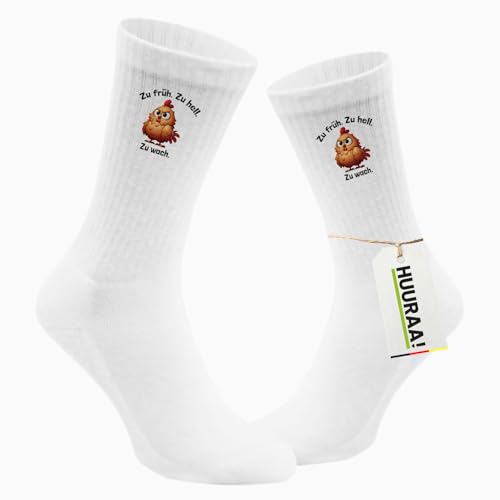 Huuraa Unisex Tennissocken Zu früh. Zu hell. Zu wach. grimmiges Huhn Geschenk Größe 42/46 White Motiv Sportsocken Zu früh. Zu hell. Zu wach. Präsent