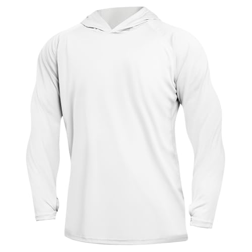 DiULi Herren UV Sonnenschutz Langarmshirt, UV-Schutz Kapuzenpullover für Angeln Rash Guard, Sun Hoodie UPF50+ UV Training Gym Pullover, Weiß -L