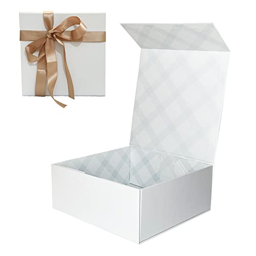 Tekhoho Weiß Geschenkbox 21.5x21.5x9 cm, Premium Geschenkbox mit Magnetdeckel und Schleife für Feiertage Hochzeit Geburtstag Geschenkverpackung, Kariertes Futter
