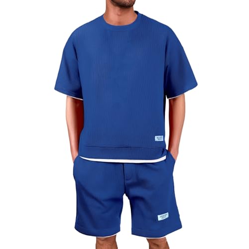 Generisch Fitness Kleidung Herren, Waffle Jogginganzug Herren Trainingsanzug - 2 Teiler Sommer Outfit Zweiteiler Kurz Freizeitanzug Hemd Und Shorts Set Sportanzug Sommeranzug Y2k Tracksuit