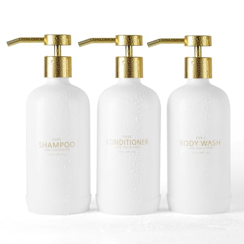 Janxin Shampoo- und Conditioner-Spender-Set, nachfüllbar, 600 ml, mit rutschfestem Silikon-Pad, Duschseifenspender mit Wasserdichten Etiketten für Badezimmer, Weiß, 3 Stück