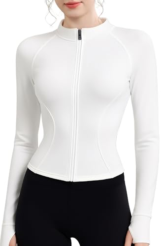 EIISSION Sportjacke Damen Laufjacke Sport T-Shirt Gym Top Oberteil Jacke Yoga Langarm Weiß Trainingsjacke Winter Fitness Sportshirt Sweatjacke Reissverschluss Laufshirt mit Daumenloch S