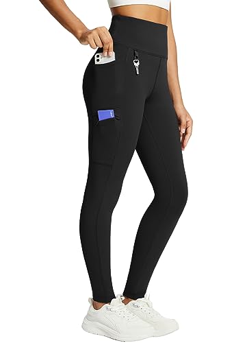 baleaf Damen Fleece gefütterte Leggings Wasserabweisend Hohe Taille Wanderleggings Thermo Leggings Fahrradhose Laufhose mit Reißverschlusstaschen Schwarz L