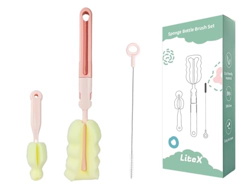 Litex Flaschenbürste Schwamm Tassenbürste Set, Abnehmbarer Griff Aufrechtes Design Große Tassenbürste + Verlängerte Strohbürste + Deckelbürste, Umweltbewusster Kunststoffgriff, Rutschfester Griff