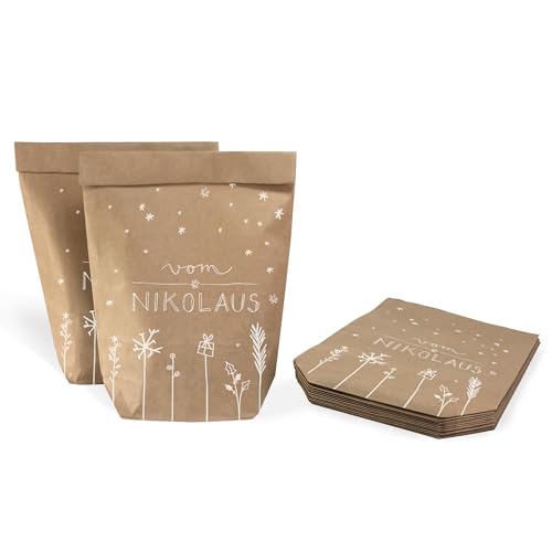 Eine der Guten Nikolaustüten, Geschenktüten Set - vom Nikolaus, 12 bedruckte Kraftpapiertüten als Geschenkverpackung für Nikolausgeschenke, Mitgebsel & Giveaways, 14 x 22 cm