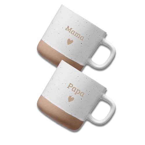 Tassen-Set aus Steingut – Mama & Papa – Weiß – Geschenkset für Kaffee & Tee – Geschenkidee für Eltern (Mama Papa Weiß)