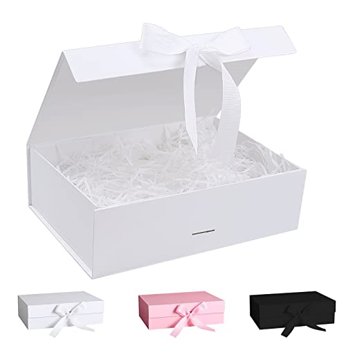Geschenkbox Mit Schleife und Deckel, Magnetische Box Mit Schleifenband und Geschreddertem Papier für Hochzeit, Geburtstag, Weihnachten, Jubiläum (Weiß, 27 * 19 * 8cm)