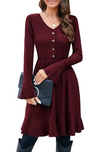 ULTRANICE Strickkleid Damen Herbstkleid Winterkleid V Ausschnitt Pulloverkleid mit Deko Knopf Herbst Winter Kleid (Dark Red, L)