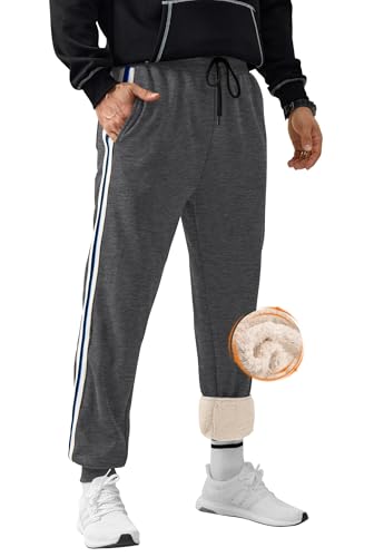 VOGSTART Herren Designer Warm Hosen Training Neu Jogger Thermisch Isoliert Sportlich Laufen Schwergewicht Fest Gestreift Sherpa Gefüttertes Fleece Sport Spur Dehnbar Jogginghose Grey M