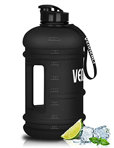 VENNERLI Trinkflasche Sport 2,2L Wasserflasche Fitness Flasche Training Groß Plastik Gym Bottle Sportflasche mit Griff BPA Frei Auslaufsicher Ideal für Sport Gym Fitness Büro Heim （Matt-schwarz）