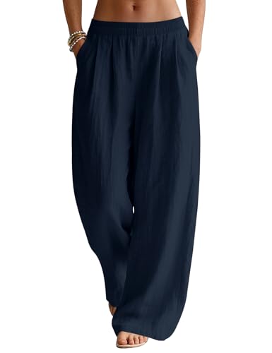 Rapbin Stoffhose Damen Sommer Leinen Leicht Casual Weite Bein Palazzo Freizeithose Einfarbig mit Taschen Marineblau M