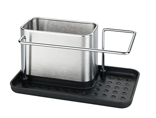 WENKO Spülorganizer Orio, hochwertiger Spülbecken-Organizer aus rostfreiem Edelstahl, Spülbecken-Caddy mit viel Stauraum für Spülmittel, Spültuch, Schwamm, 21 x 10,5 x 12 cm, Silber matt
