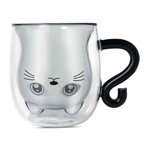 Glas Tasse mit Schwarzer Katze Süße mit Henkel Doppelwandige Kaffeetasse Kawaii Geschenke für Frauen Teetasse Geburtstagsgeschenke für Katzenliebhaber Ideen Halloween Weihnachten