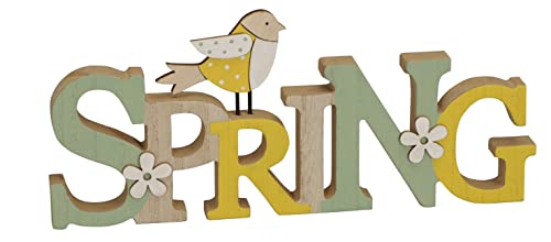 Posiwio dekorativer Schriftzug Spring Frühling mit Vogel und Punkten oder Blume aus Holz (beige gelb grün), ca. 28 x 2 x 13 hoch