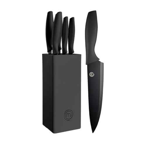 MasterChef Messerblock mit Messer, Messerset mit Block, Scharfe Messer Set mit Küchenmesser, Kochmesser, Brotmesser, Schälmesser & Allzweckmesser, Edelstahlklingen, Softgriff, 6-teilig, Schwarz