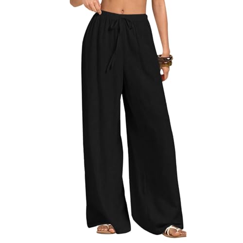 Neteson Leichte Hosen Damen Sommer Lang Leinenhose Damen Weite Leg Elegant Freizeithose Palazzo Hose Lockere Stoffhose mit Tunnelzug und Taschen