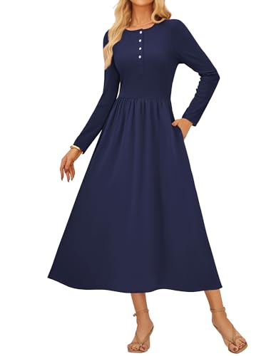 Kleid Damen Herbst Lang A-Linie Rundhals mit Knöpfe Langarm Strickkleid Damen Herbst Winterkleid Elegant Dunkelblau L