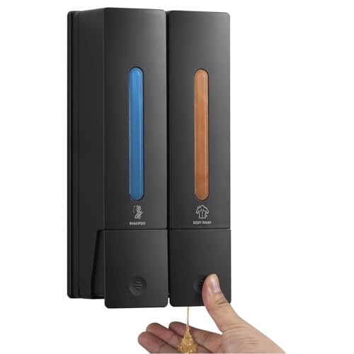 Seifenspender Wandbefestigung Ohne Bohren, 2 Kammer Duschgel Spender, Conditioner und Shampoo Spender für Bad (Schwarz-2 Kammer)