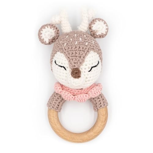 FeiOne Babysachen, Neugeborenen Geschenk – Holzgreifling mit Babyrassel, personalisiert, handgeknüpftes Tier, sound-aktive Rassel, perfekt für Baby Geschenk Mädchen und Jungen
