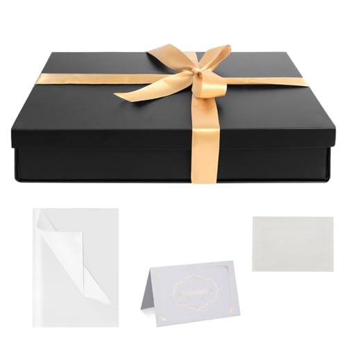 Schwarz Geschenkbox mit Deckel 31 x 22 x 6 cm Groß Geschenkbox mit Schleife Seidenpapier Grußkarten für Weihnachten Geburtstag Hochzeit Jahrestag