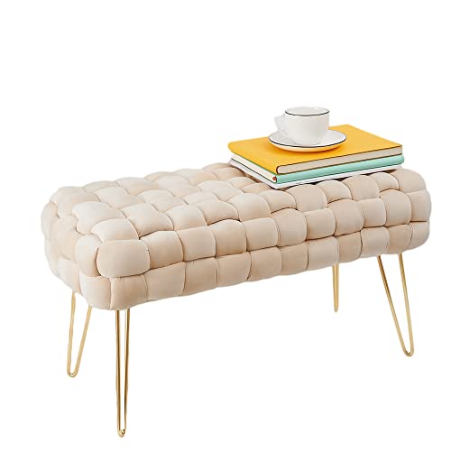 Zedelmaier Moderner Velvet SitzBank, Quadratisch Ottoman-Fußhocker mit goldfarbenen Metallbeinen, Gepolsterte Sitzhocker,Strick Samt Bank (Beige, 70x38x41.5cm)