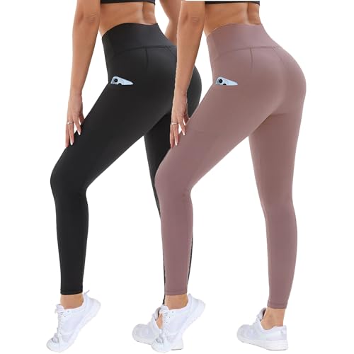 DDOBB 2er Pack Sport Leggings Damen High Waist Sportleggins Damen Lang Mit Taschen Gym Leggings Blickdicht Schwarz Sporthose Elastische Bauchweg Yogahose Fitness Laufhose(Schwarz+Rosa,S-M)