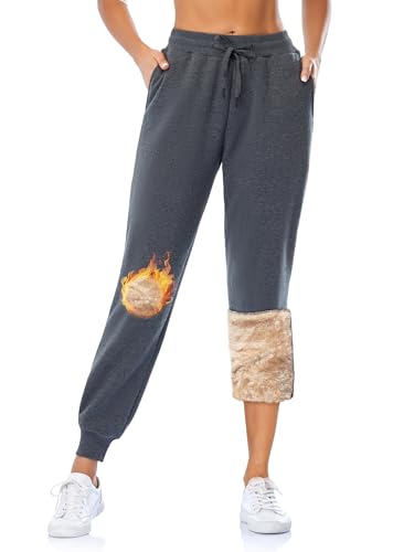 MOVE BEYOND Gefütterte Jogginghose Damen Warm Thermo Fleecehose Winter Verdickte Kuschelhose mit 2 Taschen Sherpa-Innenfutter Kordelzug Sweathose, Grau, L
