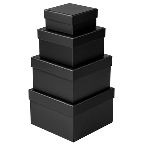 Winter Shore Schwarze Geschenkbox mit Deckel (4er-Pack) - Geschenk Karton Klein & Groß in 4 Verschiedenen Maßen für Blumen, Hochzeit, Weihnachten, Geburtstag - Geschenke Box aus Dickem, Mattem Karton