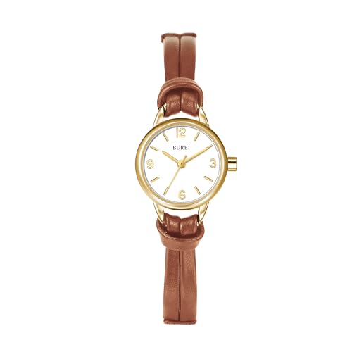 BUREI Mini Uhr Damen Analog Quarz Demenuhr Elegante Armbanduhr Damen mit Lederarmband fur Frauen(Gold Braun)