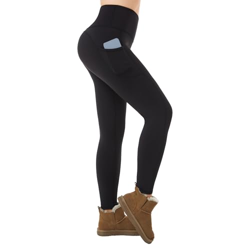 ineepor Thermo Leggings Damen Outdoor mit Fleece Gefütterte Leggings Damen Taschen Hohe Taille Winter wasserdichte Yoga Fitness Training Sport Leggings