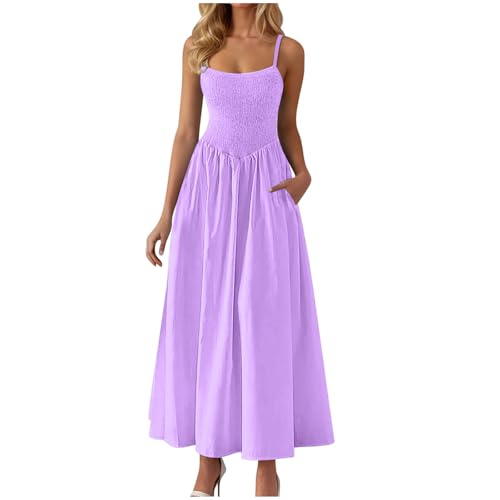 EMATOP Deals of The Day Lang Sommerkleider Damen Lässig Elegant Tunika Kleider Sexy Spaghetti Trägerkleid Baumwolle Einfarbig Freizeitkleid Ärmellos Bohemian Kleid Hohe Taille Strandkleid