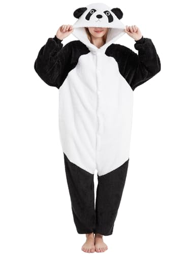chuangminghangqi Panda Schlafanzug Damen Mit Kapuze Kostüm Tier Onesie Erwachsene Overall Karneval Kostüm Partyoutfit Party-Ready Pyjama Festlicher Einteiler Winteranzug mit Knopfleiste(Weiß-7108,L)