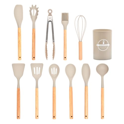 Küchenhelfer Set, Silikon Küchenutensilien Set, Antihaft Hitzebeständiger Holzgriff Kochbesteck mit Utensilienhalter, Spachtel Set, Kochlöffel,12-teilig(Khaki)