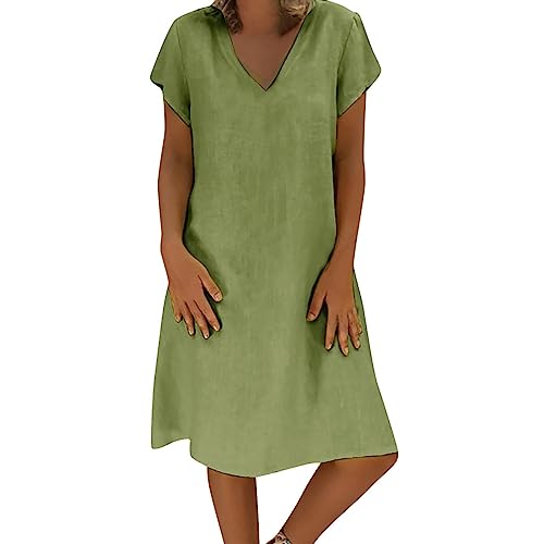 DeaAmyGline Leinenkleid Damen Sommer Sommerkleid Leicht und Luftig T Shirt Kleid Knielang Blusenkleid V Ausschnitt Casual Lose Tunika Midikleid Freizeitkleid Baumwolle Leinen Kleider